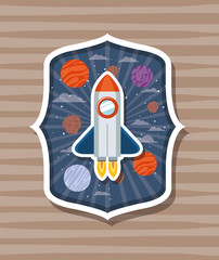 Rocket over label with planets design vector illustration