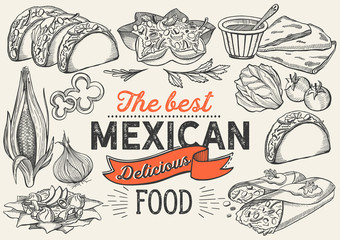 Mexican food illustrations - burrito, tacos, quesadilla for restaurant. - 271566632
