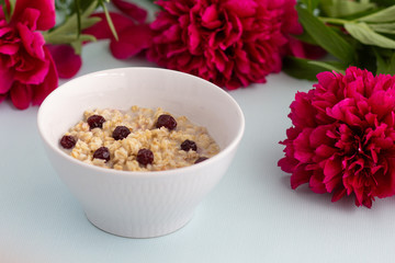 Bowl of oatmeal porridge with frozen cherries on the white background with pionies 