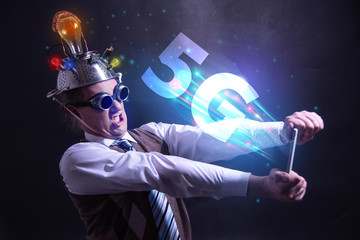 Funny nerd or geek wiith tablet and 5G symbol