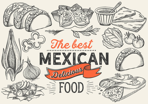 Mexican Food Illustrations - Burrito, Tacos, Quesadilla For Restaurant.
