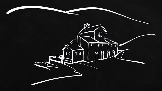 Old house in the hills, self-drawing lines on the blackboard