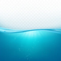 Water wave surface, liquid ocean line or sea underwater level with air bubbles isolated on transparent background, blue fresh aqua in motion. Design element, template Realistic 3d vector illustration, © vectorpocket
