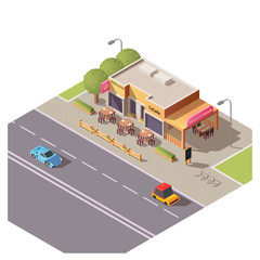 Isometric 3d cafe building with outdoor terrace and round tables at roadside with moving cars. Restaurant, city architecture, cafeteria exterior design with bike parking and trees, vector illustration