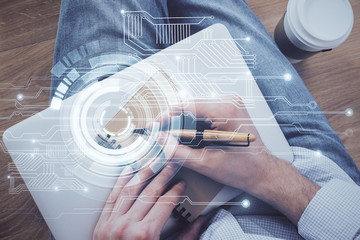Writing human hands with data theme multi exposure icons.