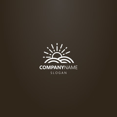 white logo on a black background. simple vector line art logo of sun that rise above the land plot