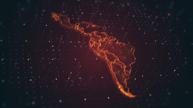 The futuristic high-tech video with a map of the Latin America glowing in different colors while danger icon signs flash all over the country. This video is devoted to the actual problem of the securi