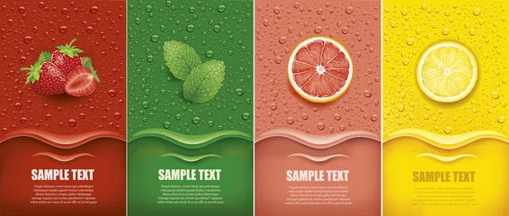 Poster many fresh juice drops background with strawberry, mint, lemon, grapefrui © volod2943