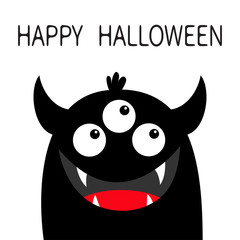 Happy Halloween. Monster head face black silhouette. Three eyes, teeth fang smile, horns. Cute kawaii cartoon funny character. Baby kids collection. Flat design. White background. Isolated.