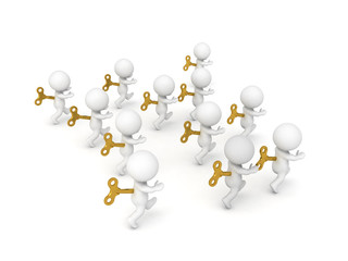 Fototapeta premium Many 3D Characters with toy wind-up keys in their backs marching