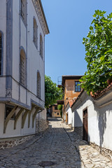 Street and Nineteenth Century Houses in The old town in city of Plovdiv, Bulgaria