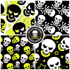 vector set of cool and creative seamless patterns with skulls and crossbones, the four flat style illustrations are ideal for print, textile, web, and other designs - 271569240