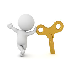 3D Character leaning on golden toy wind-up key