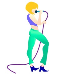 young beautiful girl sings a song into the microphone. isolated vector illustration.