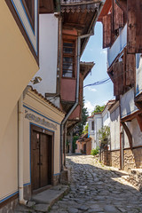 Street and Nineteenth Century Houses in The old town in city of Plovdiv, Bulgaria