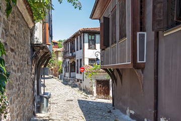 Street and Nineteenth Century Houses in The old town in city of Plovdiv, Bulgaria