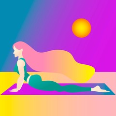 Fototapeta na wymiar A woman started in yoga with a cobra pose. Bhujangasana. Colorful vector illustration Flat character design. fashion colors.
