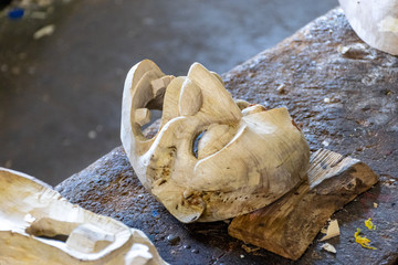 Carved Wooden Mask in The Mask Workshop in Ariyapala Mask Museum, Ambalangoda Sri Lanka
