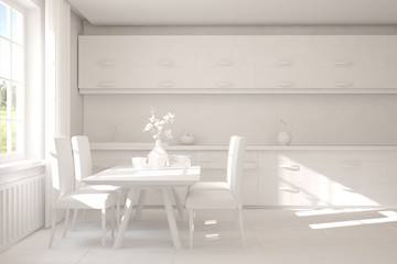 White dinner room. Scandinavian interior design. 3D illustration
