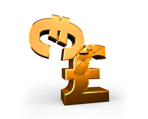 Brexit issue. Two golden currency symbols fighting, Euro hitting pound smashed, on white background. 3D illustration.