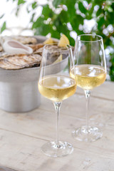 Fresh oysters with ice and white wine. Seafood. White background