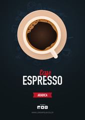 Coffee ads with cup and hand draw doodle background.