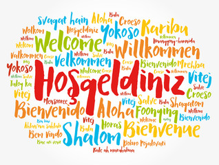 Hosgeldiniz (Welcome in Turkish) word cloud in different languages, conceptual background