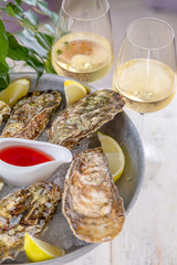 Fresh oysters with ice and white wine. Seafood. White background