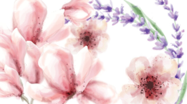 Pink delicate flowers and lavender Vector watercolor background. Spring summer textures
