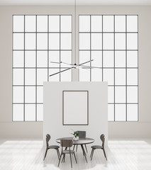 Mock up poster frame in modern, spacious dining room. Minimalist dining room design. 3D illustration.
