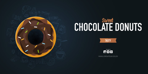 Dark food card. Donuts with pink and chocolate glaze. Hand draw doodle background.