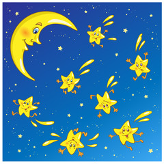 Golden crescent and funny falling stars in cartoon style on a dark blue background.