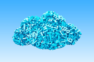 Big data and cloud computing concept. Blue letters and numbers in blue cloud shape, isolated on blue background. 3D illustration.