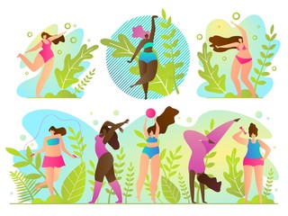 Set Exercise in Fresh Air Vector Illustration. 