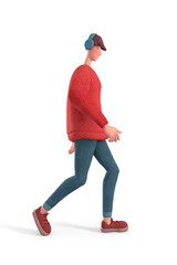 3d rendering of a walking young cartoon guy with headphones. 3d character teen boy in a red sweater and in blue casual jeans. Simple, modern cartoon style. 3d rendering isolated on a white background.