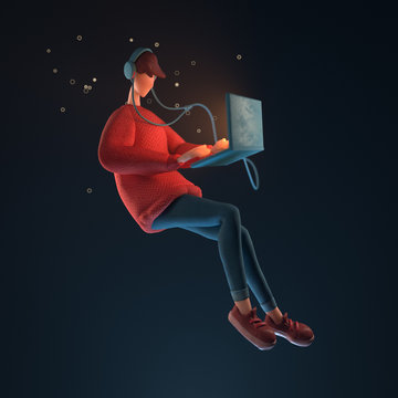 3d character of a young cartoon stylized guy with headphones listening to music floating in the air. Teen boy in a red sweater surfs the Internet on the computer. Night 3D rendering on dark background