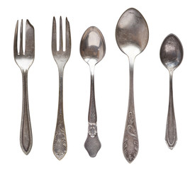 Vintage tea spoons and forks isolated on a white background. Retro silverware