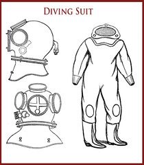 Vintage illustration describing the diving gear; suit and helmet; to work comfortably underwater