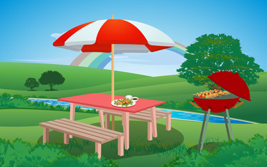 barbecue on the wooden table at the garden