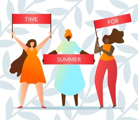 People Hold Slogan Time for Summer Vector Flat.
