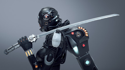 Naklejka premium Science fiction cyborg female looking at the camera and holding a futuristic japanese samurai sword on shoulder. Samurai girl in a futuristic black armor with jetpack. 3D render on gray background.