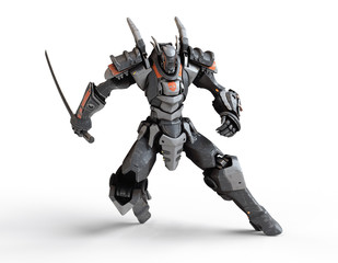 Sci-fi mech warrior holding a sword in his hand in fighting position. Mech in defensive pose. Futuristic robot with white and gray color metal. Mech Battle. Orange paint. 3D render on white background