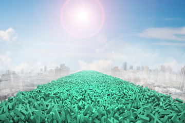Big data highway concept, huge amount of green letters and numbers form a road in the air, with sunlight sky clouds cityscapes background.