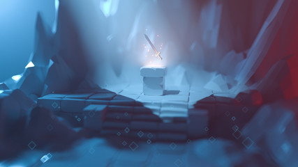 3d illustration of low poly mystical cave with a floating heroic sword over a pedestal. Legendary weapons for a brave knight in a rocky game location. Adventurer loot. Stylized art with bokeh effect.