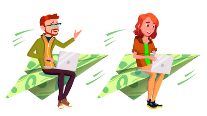 Ambition Character Fly On Money Bill Plane Vector. Ambition Businessman And Businesswoman With Laptop On Banking Banknote Airplane Float In Air. Career Concept Flat Cartoon Illustration