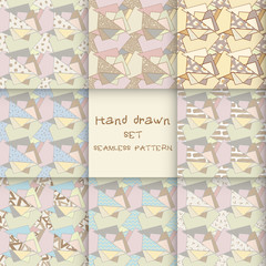 Set seamless pattern of triangles  with different textures drawn by hands-vector illustration.
