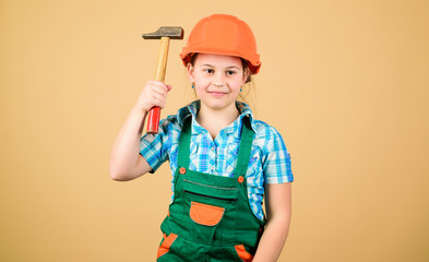 Build your future yourself. Initiative child girl hard hat helmet builder worker. Tools to improve yourself. Child care development. Builder engineer architect. Future profession. Kid builder girl