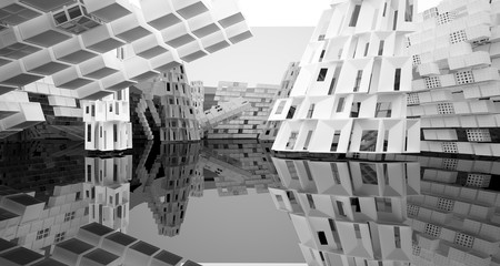 Abstract white and black interior multilevel public space with window. 3D illustration and rendering.