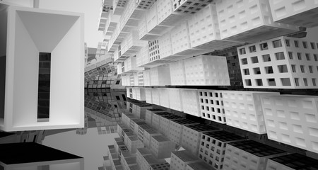 Abstract white and black interior multilevel public space with window. 3D illustration and rendering.