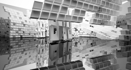 Abstract white and black interior multilevel public space with window. 3D illustration and rendering.